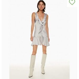 Aritzia Wilfred Hera Satin Dress Size Medium Sleeveless Ruffle Ashen Gray